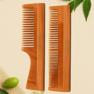 Neem Wooden Comb Set Lilly Comb and Handle Comb (Pack of 2)